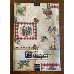 Vtg Design Cottage Vinyl Flannelback Tablecloth 50x70 Summer Fruit Plaid NOS